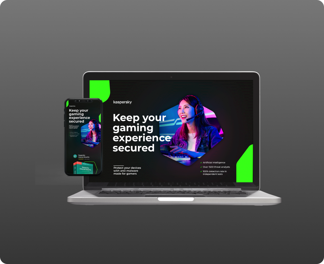 A gamer landing page with the title 'Keep your gaming experience secured' and a woman playing on a computer, displayed across multiple devices with a dark gray background.