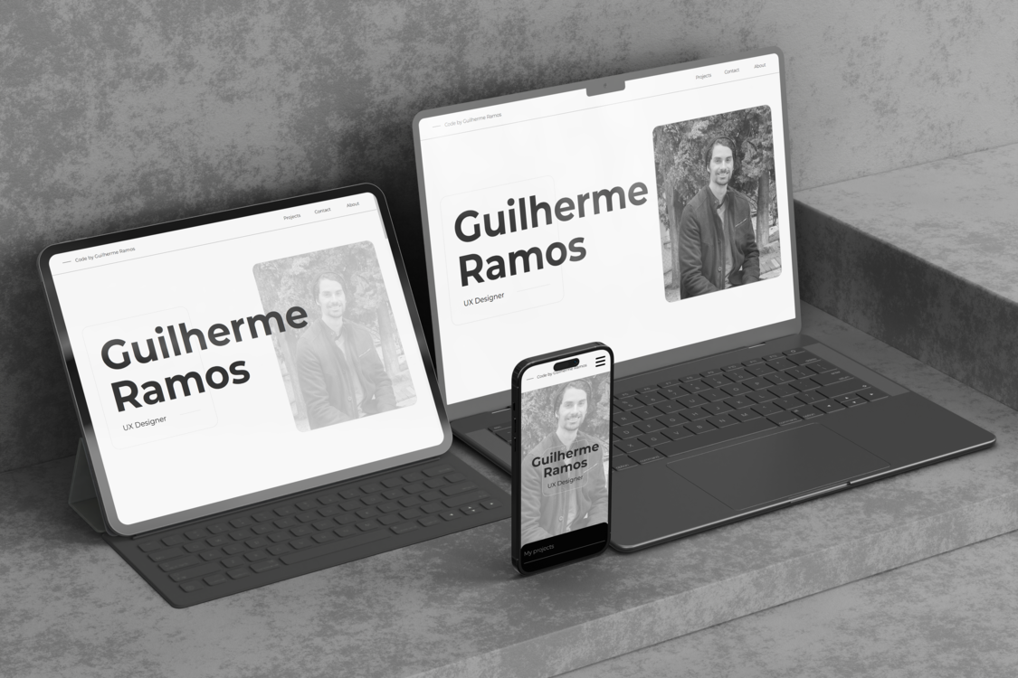 Portfolio of Guilherme Ramos displayed on a tablet, laptop, and smartphone, showcasing a consistent design with his name and title 'UX Designer' prominently visible on all devices.