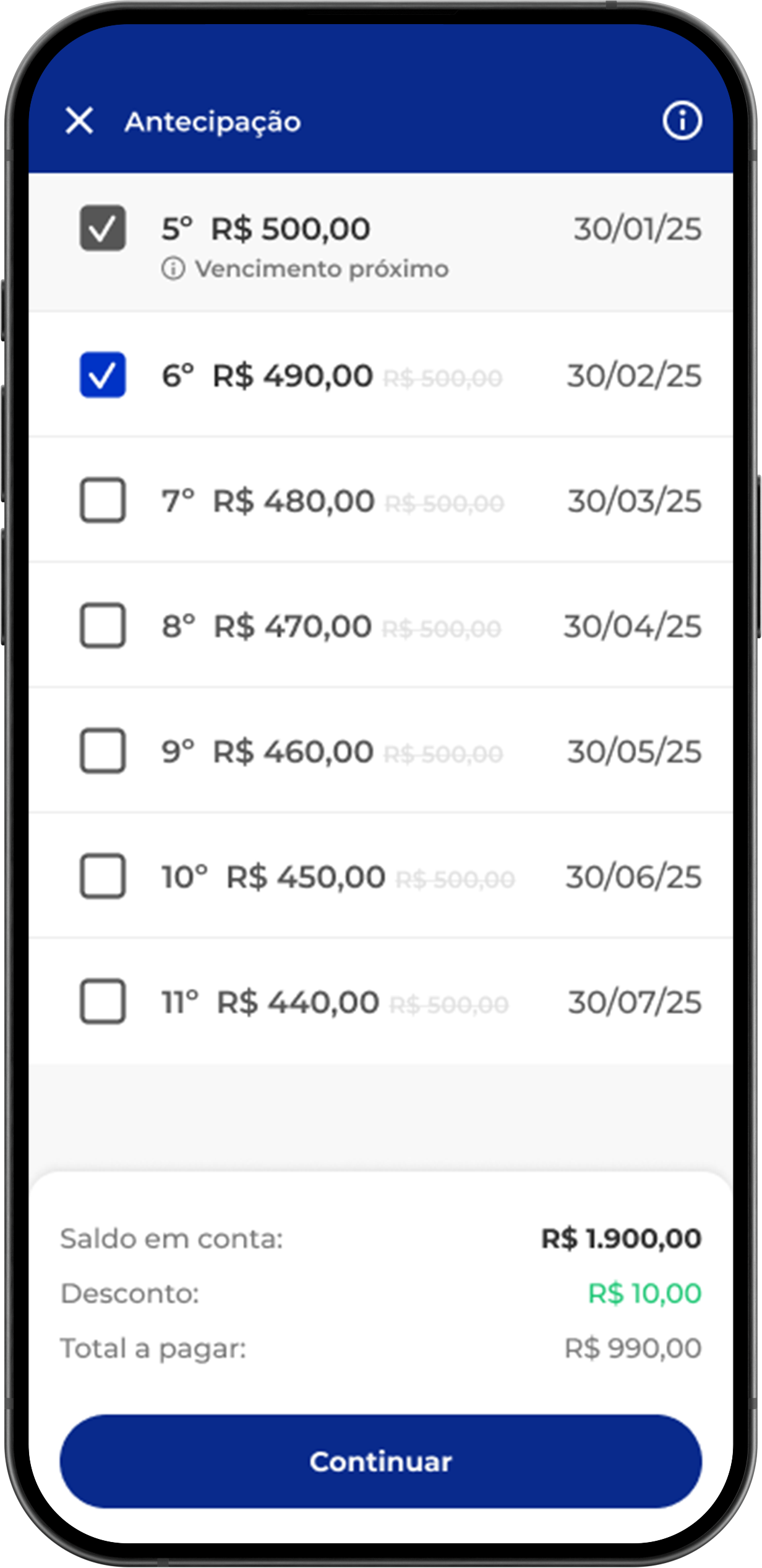 Mobile app screen displaying a list of loan installments on a blue and white interface. Each installment has a selection box that can be checked, while the total payment amount is displayed at the bottom of the screen along with a confirmation button.