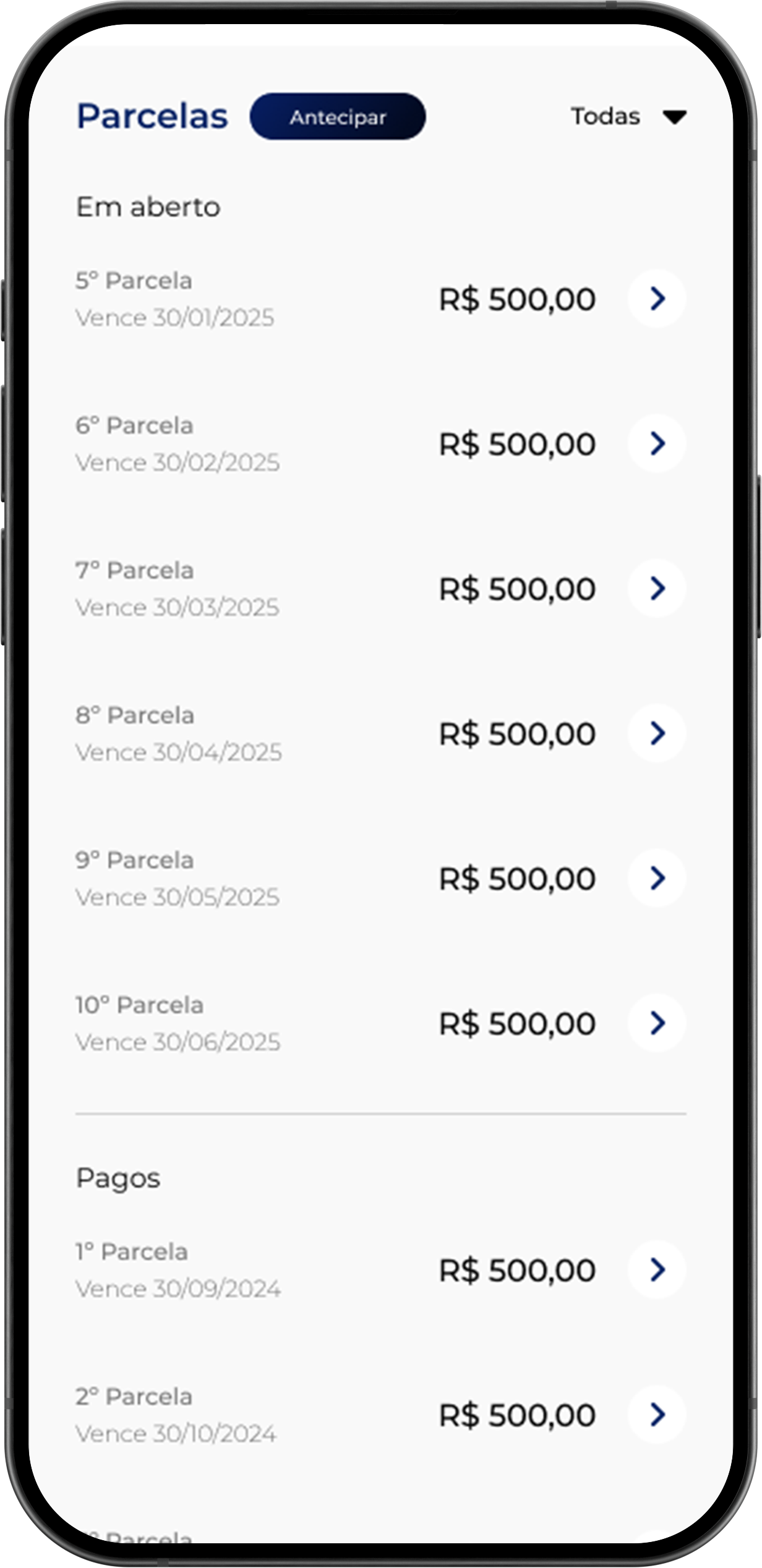 Mobile app screen displaying a list of loan installment information on a white interface with blue details.