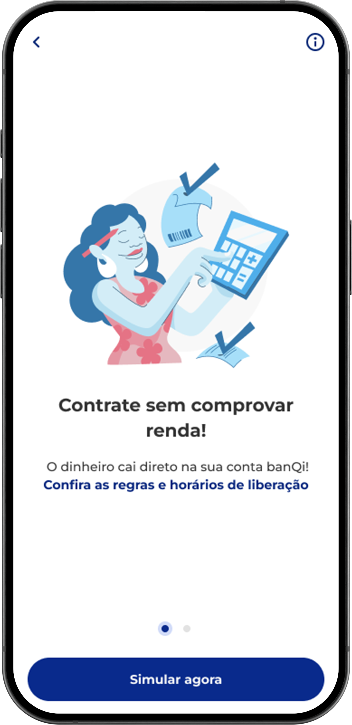 Mobile app screen displaying an illustration of a woman making calculations, with a button at the bottom saying 'Simulate now' for a loan.