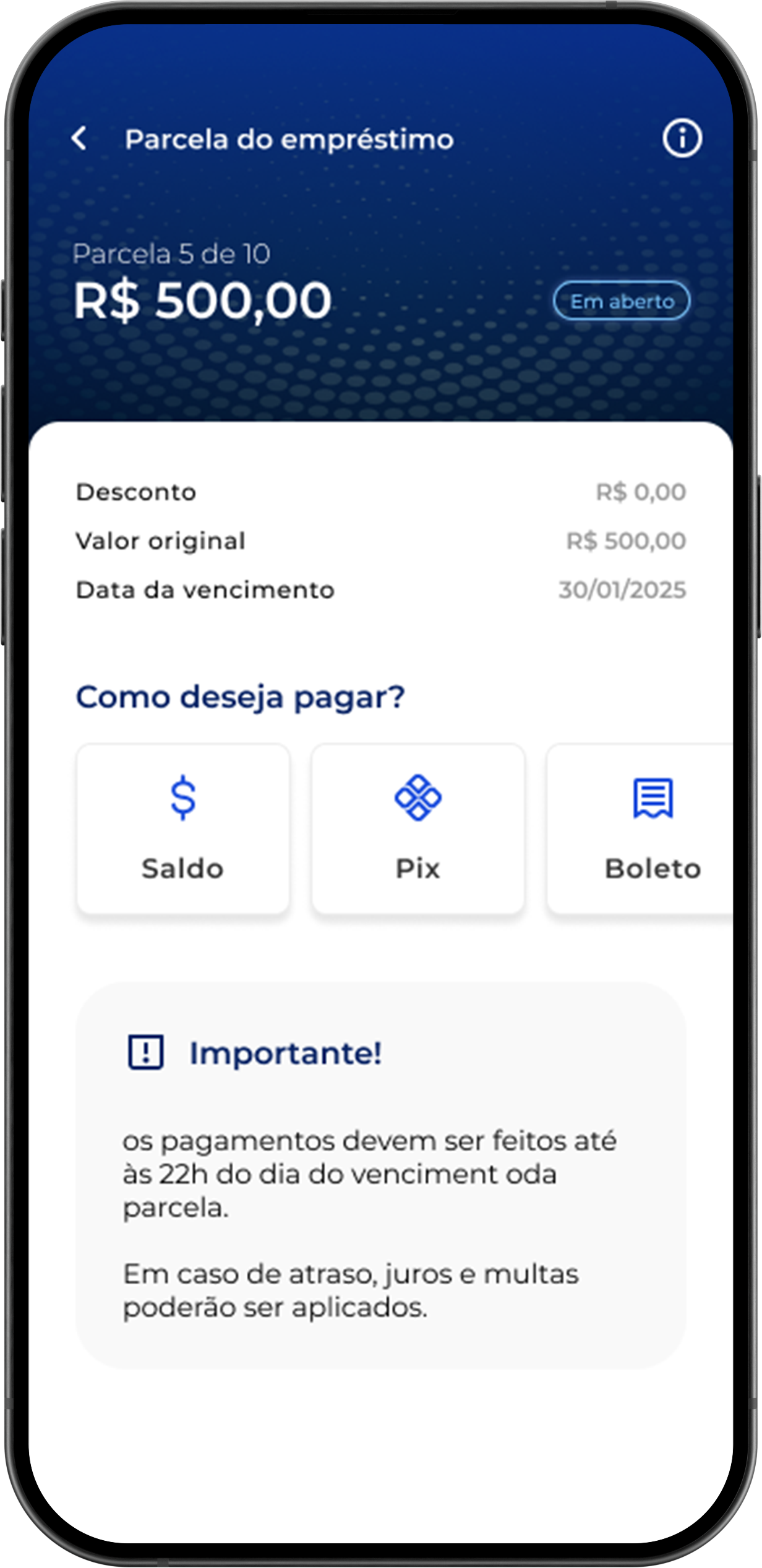 Mobile app screen displaying loan installment information on a dark blue and white interface. It shows the following payment options: Balance, PIX, and bank slip.