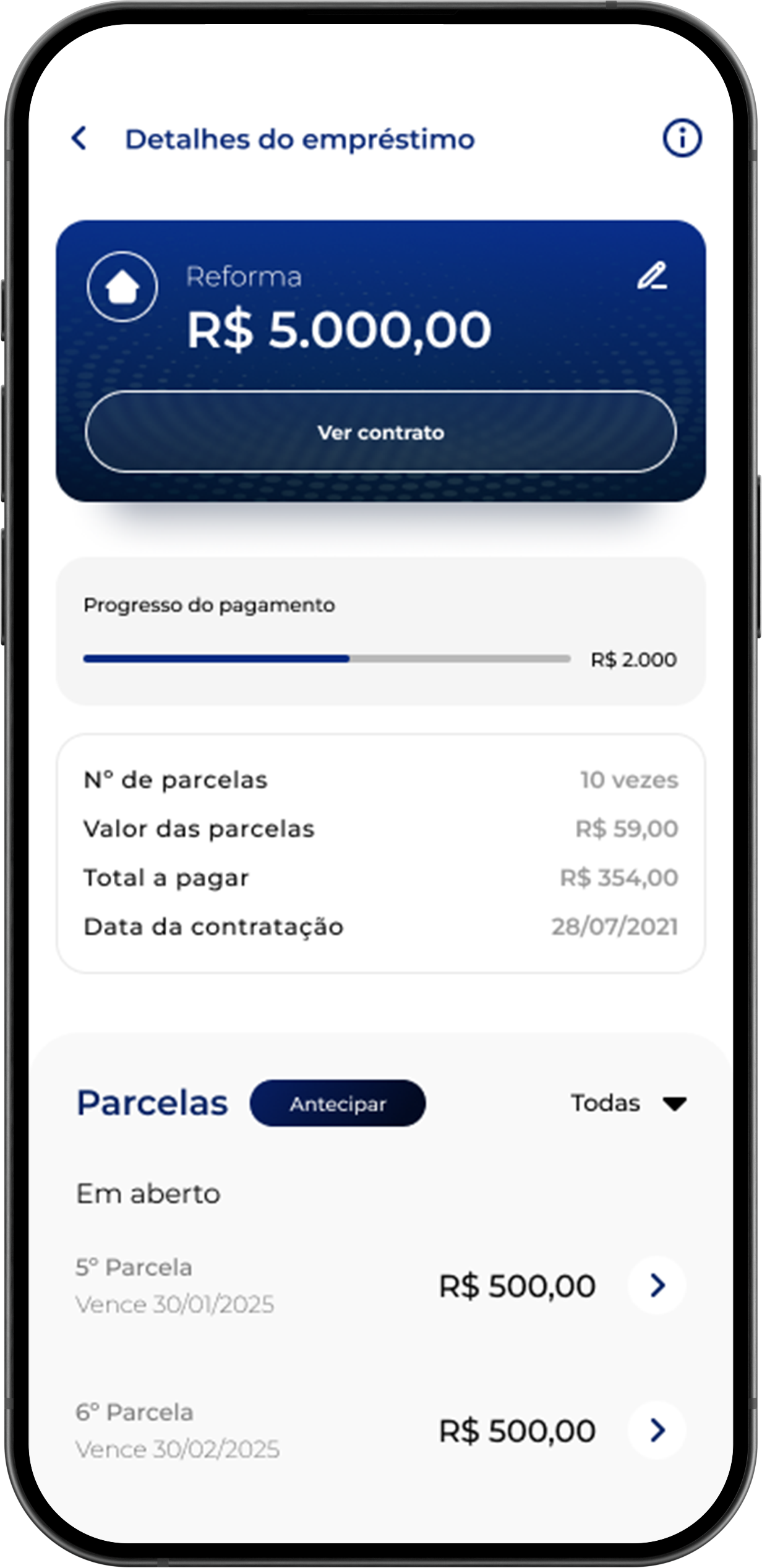 Mobile app screen displaying loan management information on a dark blue and white interface. It shows details of a renovation loan with a total value of R$ 5,000 and also displays the installment amounts along with the payment progress at the top.